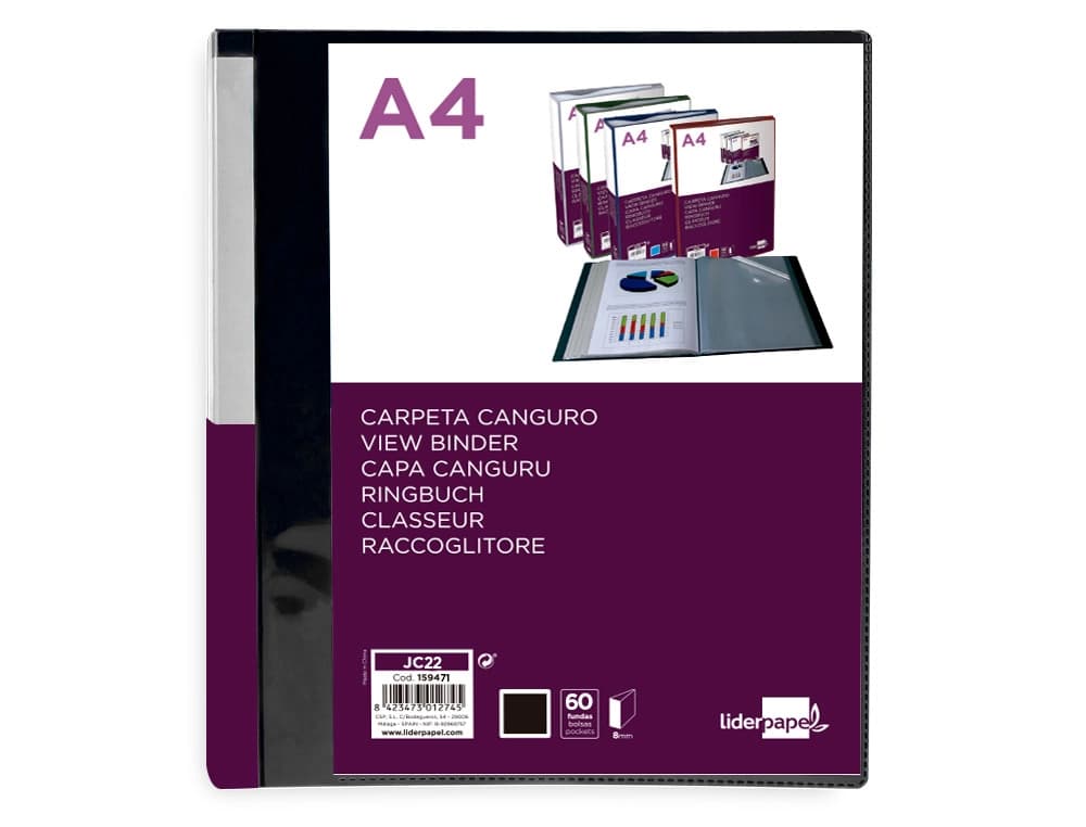 Carpeta liderpapel 60 fundas canguro pp din a4 translucido portada y lomo personalizable