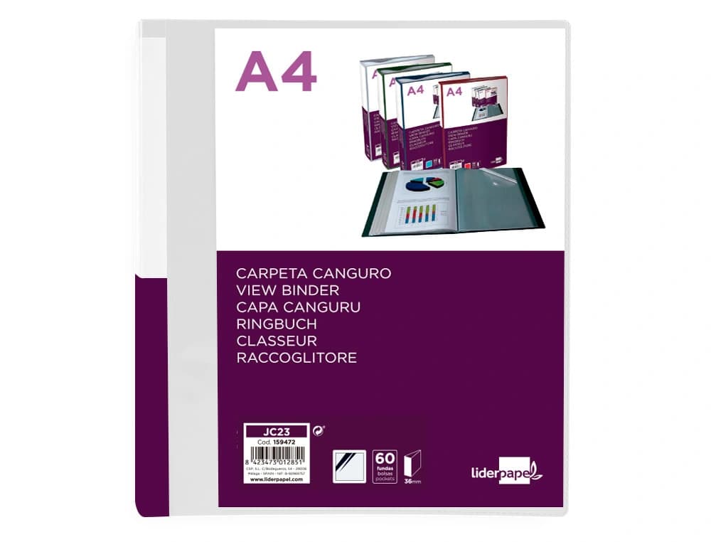 Carpeta liderpapel 60 fundas canguro pp din a4 translucido portada y lomo personalizable