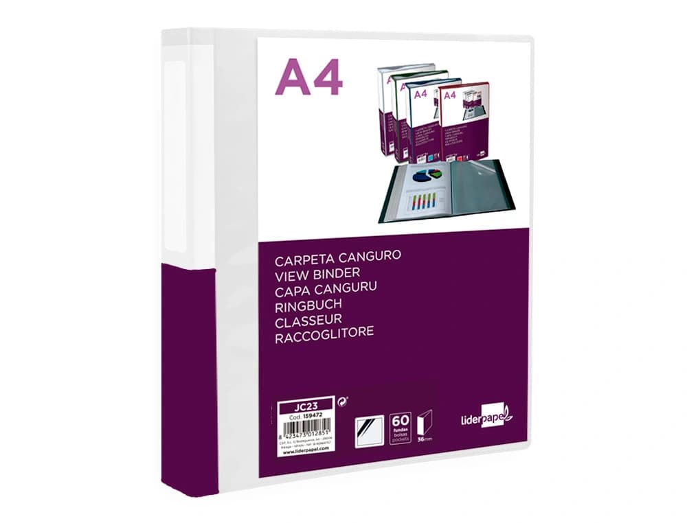 Carpeta liderpapel 60 fundas canguro pp din a4 translucido portada y lomo personalizable