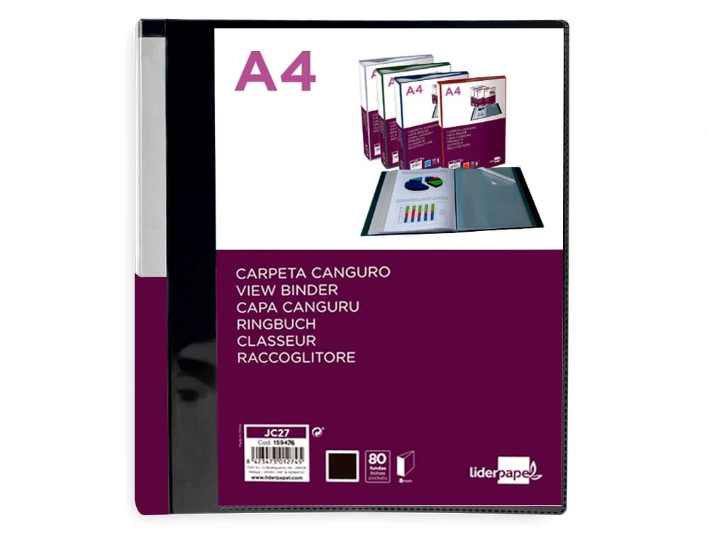 Carpeta liderpapel 80 fundas canguro pp din a4 translucido portada y lomo personalizable