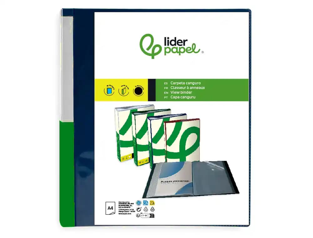 Carpeta liderpapel 80 fundas canguro pp din a4 translucido portada y lomo personalizable