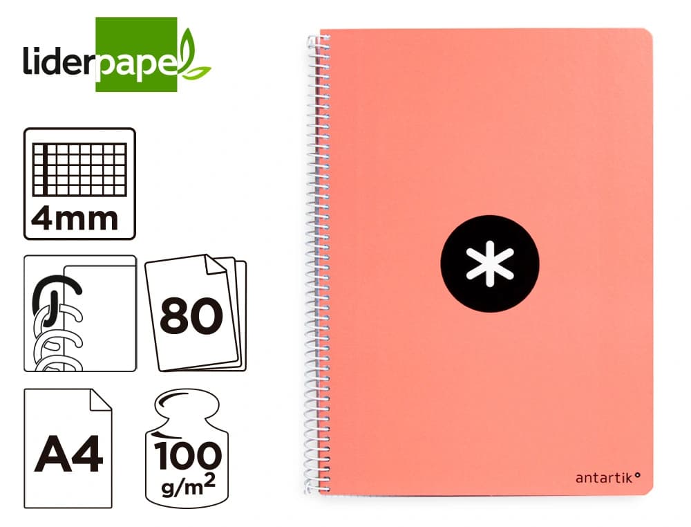 Cuaderno espiral a4 antartik tapa dura 80h 90gr cuadro 4mm con margen fluor