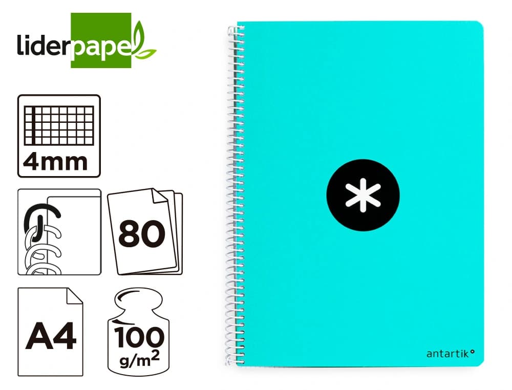Cuaderno espiral a4 antartik tapa dura 80h 90gr cuadro 4mm con margen fluor