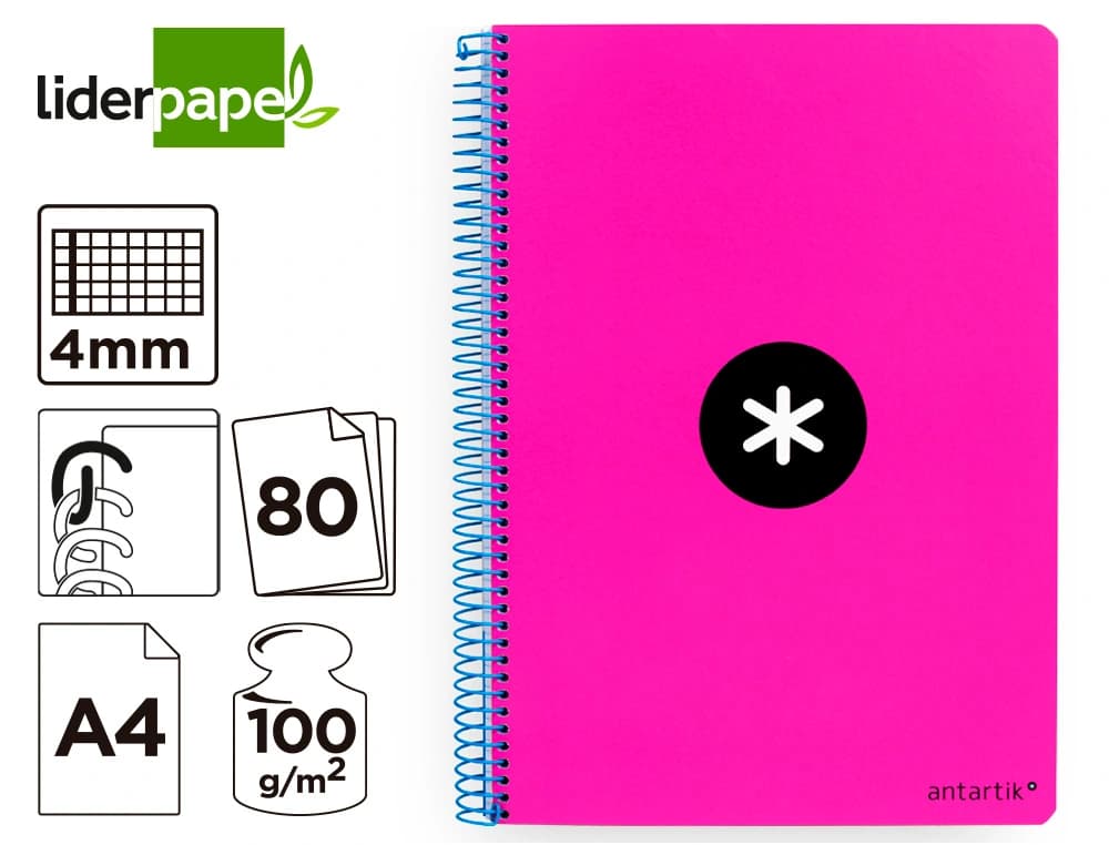 Cuaderno espiral a4 antartik tapa dura 80h 90gr cuadro 4mm con margen fluor