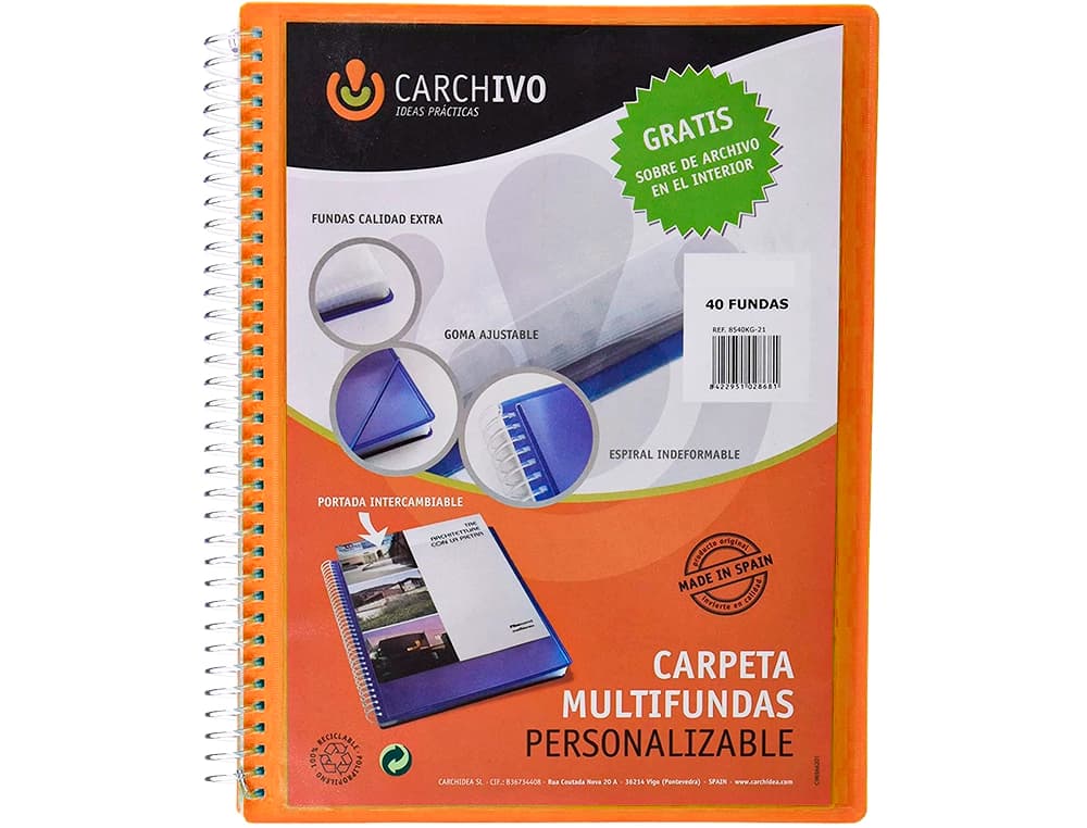 Carpeta carchivo archivex polipropileno canguro escaparate con espiral 40 fundas cierre gomas din a4