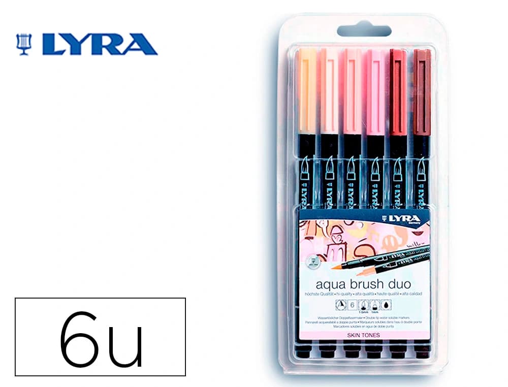Lyra Rotulador lyra aqua brush acuarelable doble punta y pincel tonos piel blister de 6 unidades surtidas