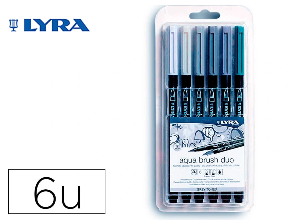 Lyra Rotulador lyra aqua brush acuarelable doble punta y pincel tonos grises blister de 6 unidades surtidas