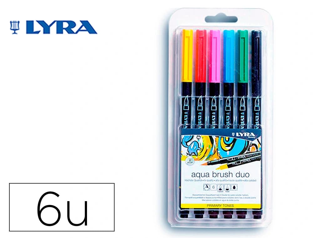 Lyra Rotulador lyra aqua brush acuarelable doble punta y pincel tonos primarios blister de 6 unidades