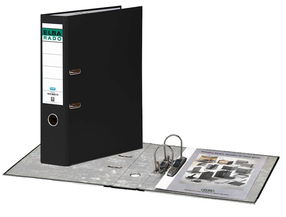 Archivador de palanca Elba Chic de cartón forrado de PVC, con Rado y lomo de 80 mm – Negro