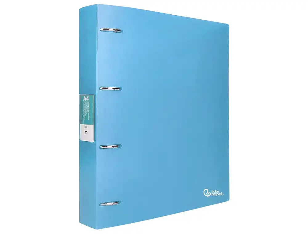 Carpeta Liderpapel A4 de polipropileno opaco con 4 anillas mixtas de 40 mm y tarjetero – Celeste