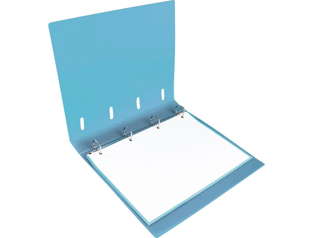 Carpeta con recambio Liderpapel A4 de polipropileno con 4 anillas mixtas de 25 mm, cierre de gomilla y cuadro de 5 mm – Celeste opaco