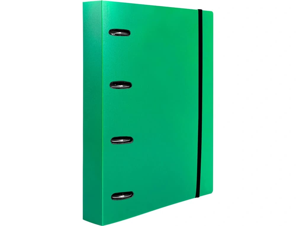 Carpeta con recambio Liderpapel A4 de polipropileno con 4 anillas mixtas de 40 mm, cierre de gomilla y cuadro de 5 mm – Verde translúcido