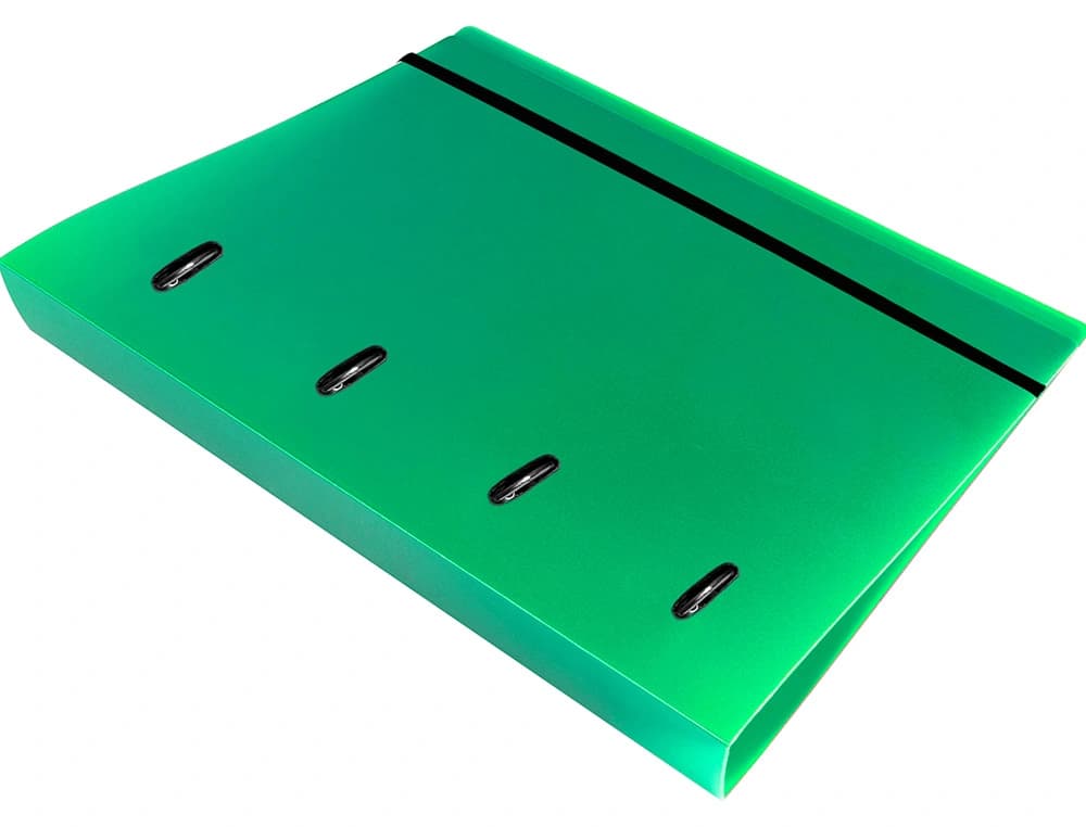 Carpeta con recambio Liderpapel A4 de polipropileno con 4 anillas mixtas de 40 mm, cierre de gomilla y cuadro de 5 mm – Verde translúcido