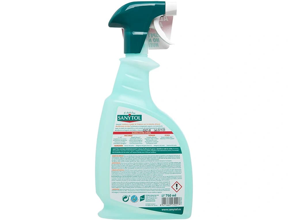 Limpiador desinfectante sanytol para cocinas con pistola pulverizadora bote de 750 ml