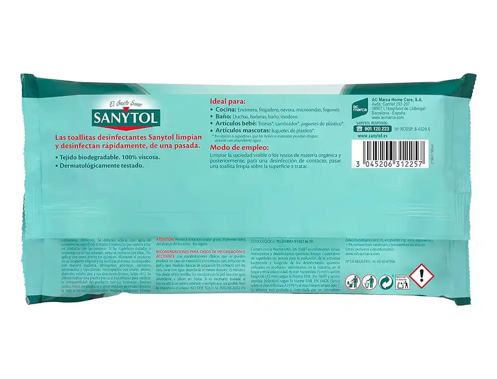 Toallita desinfectante sanytol biodegradable paquete de 30 unidades