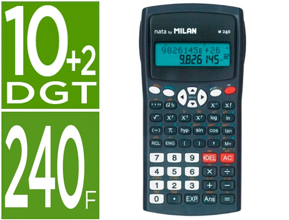 Milan Calculadora Milan científica M240 black 2 líneas 240 funciones 10+2 dígitos color negra con tapa color gris