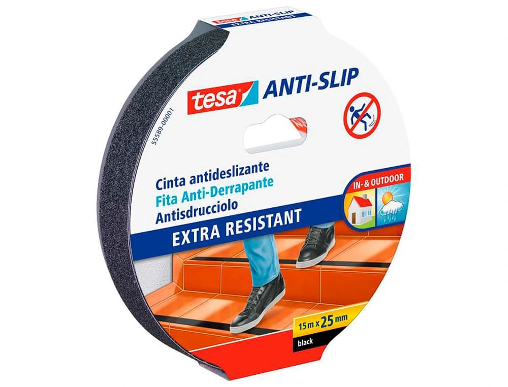 Cinta antideslizante adhesiva tesa uso interior / exterior color negro 15 mt x 25 mm