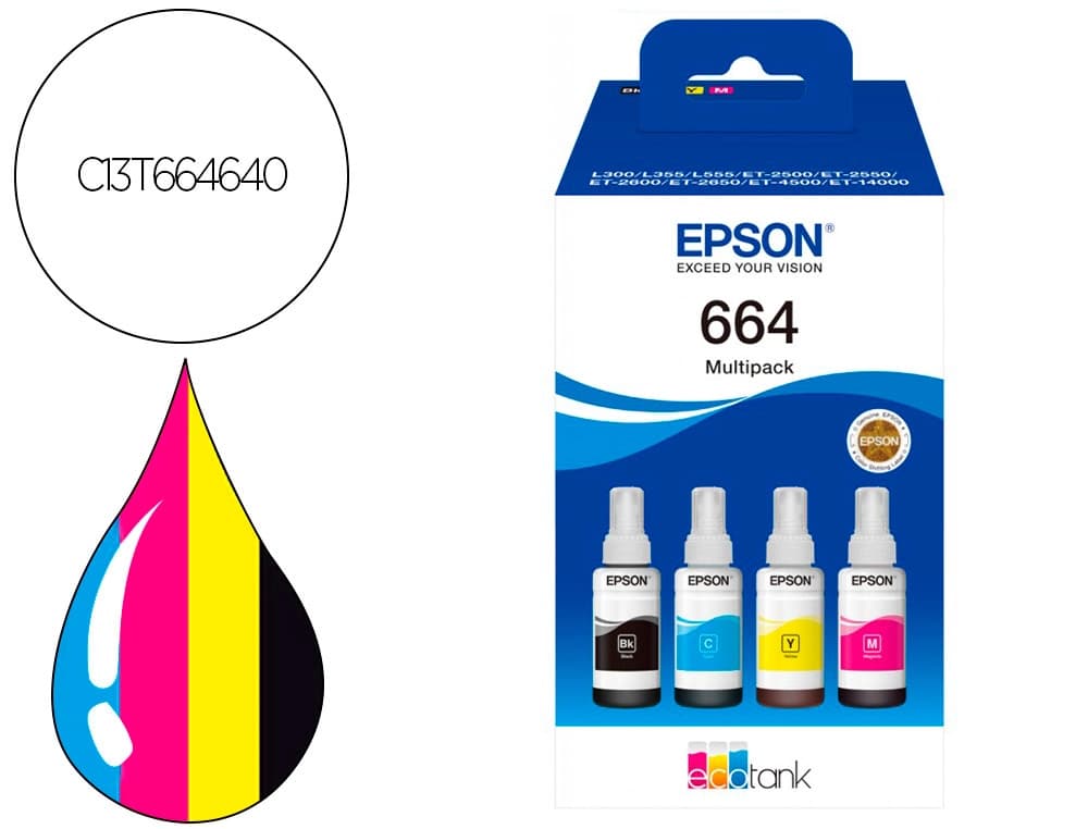 Epson Ink-epson /664 4 clr multipack (bk / c / m / y) ecotank l300 / l355 / l555 / et-2500 / et-2550 / et-2600 /
