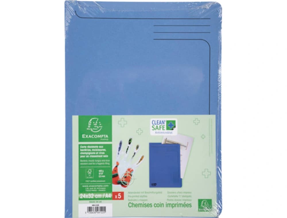 Carpeta dossier uñero exacompta clean safe cartulina 400 gr din a4 azul paquete de 5 unidades