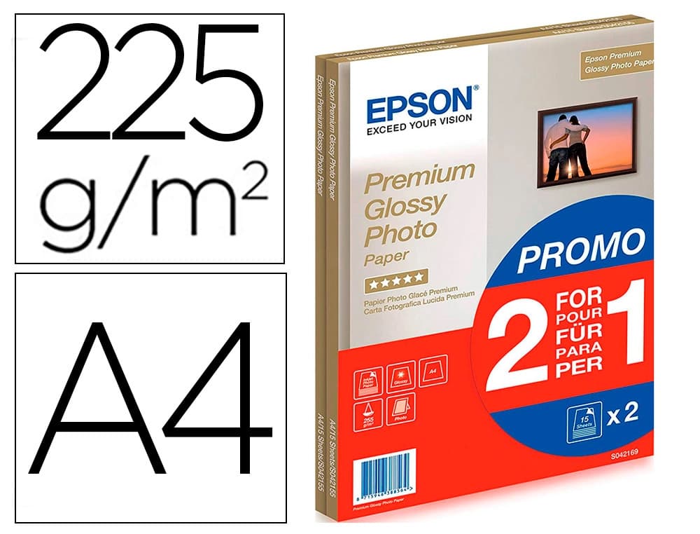 Epson Papel fotografico epson premiun glossy photo satinado din a4 promo 2 x 15 hojas 225 gr