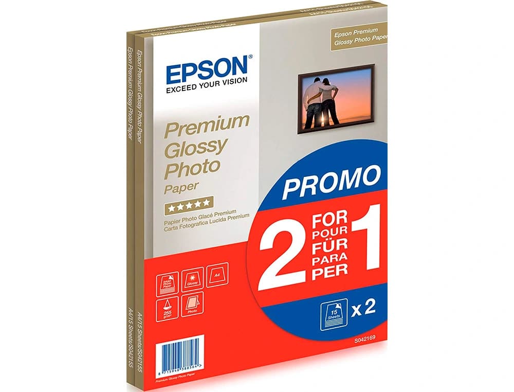 Papel fotografico epson premiun glossy photo satinado din a4 promo 2 x 15 hojas 225 gr
