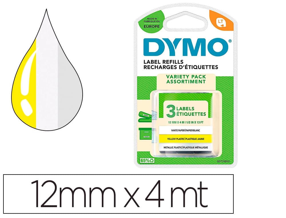 Dymo Cinta dymo metalizada letratag 12mm x 4mt papel blanco / plastico amarillo / metalica plata pack de 3