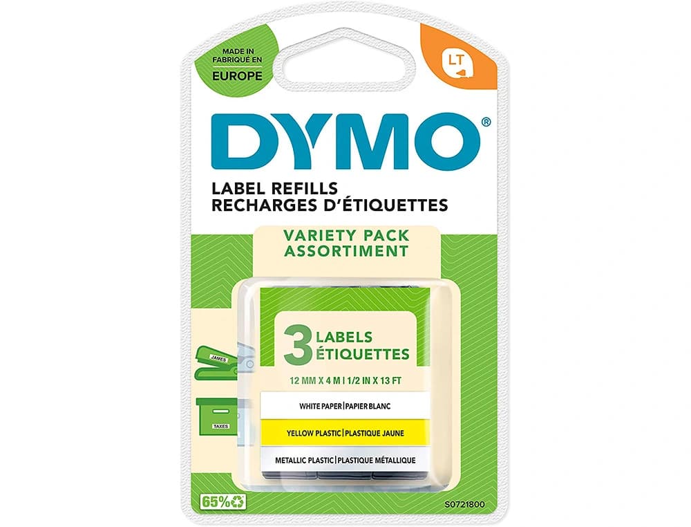 Cinta dymo metalizada letratag 12mm x 4mt papel blanco / plastico amarillo / metalica plata pack de 3