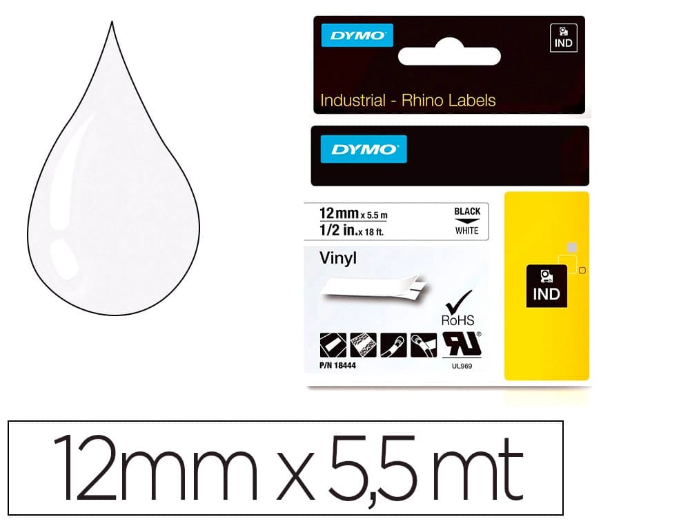 Dymo Cinta dymo vinilo blanco 12mm x 5,5mt para etiquetadora rhino