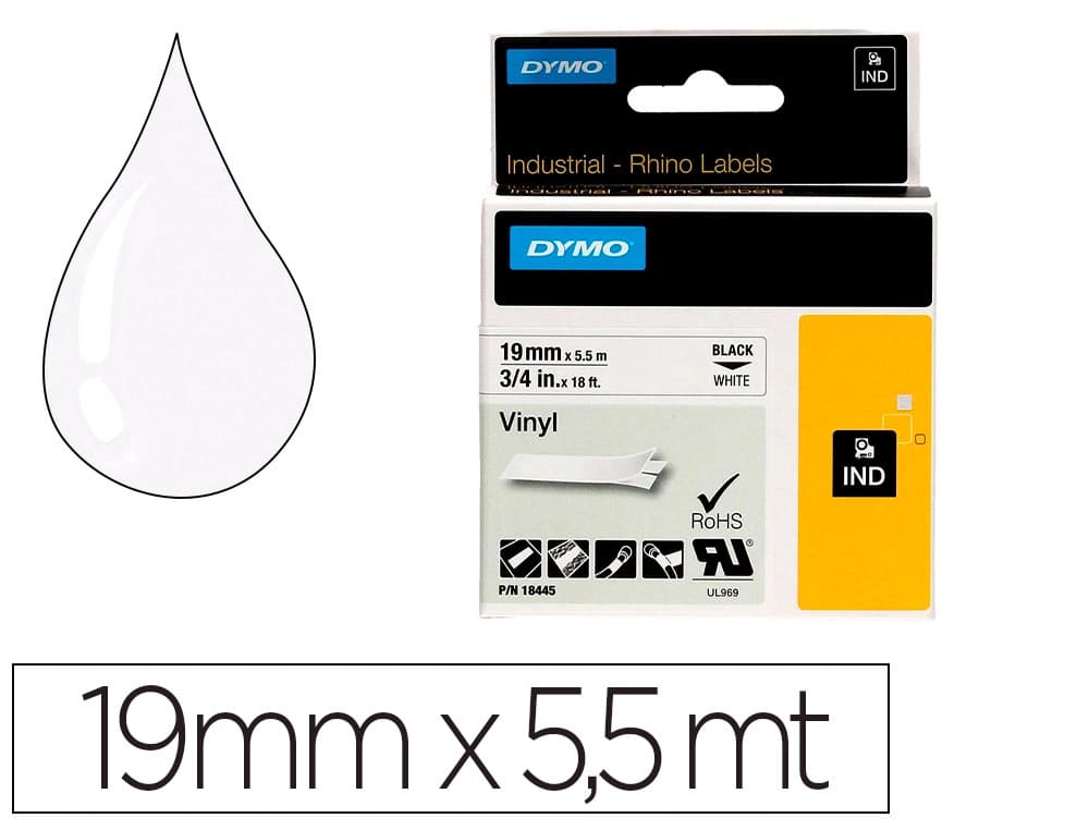 Dymo Cinta dymo vinilo blanco 19mm x 5,5mt para etiquetadora rhino