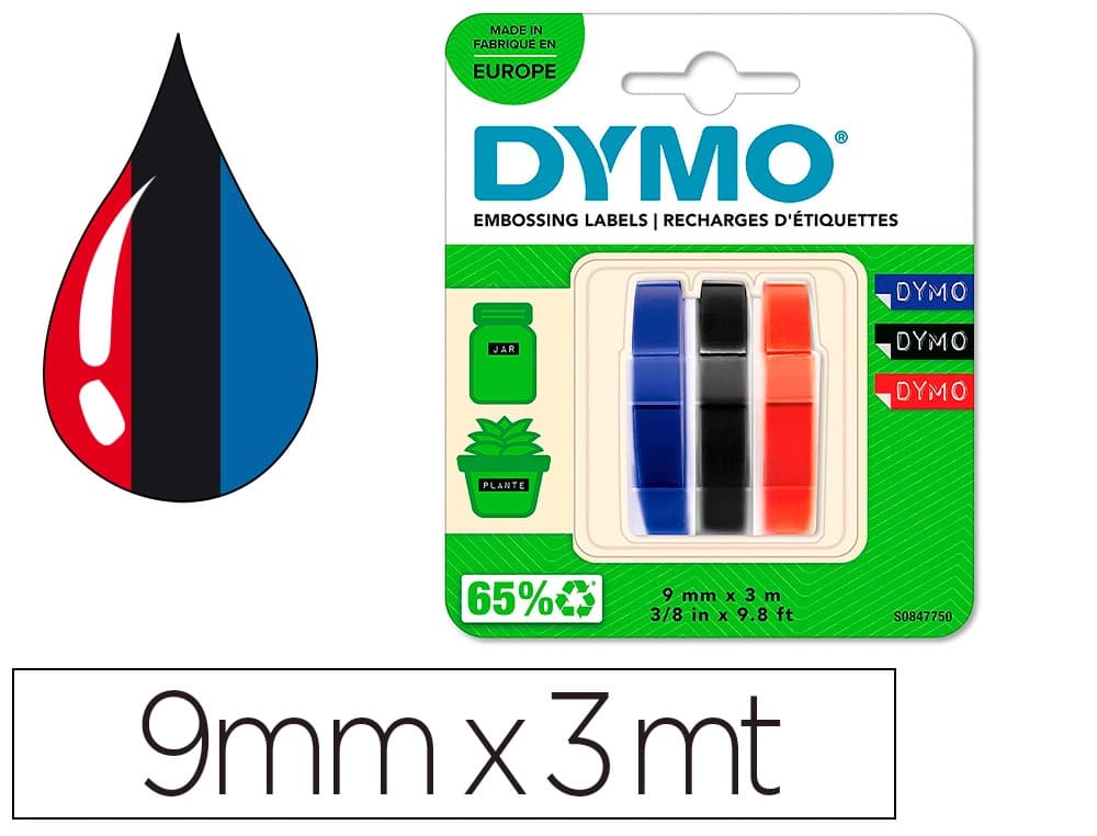 Dymo Cinta dymo 3d 9mm x 3mt para rotuladora omega/junior color azul/ /rojo blister 3 unidades
