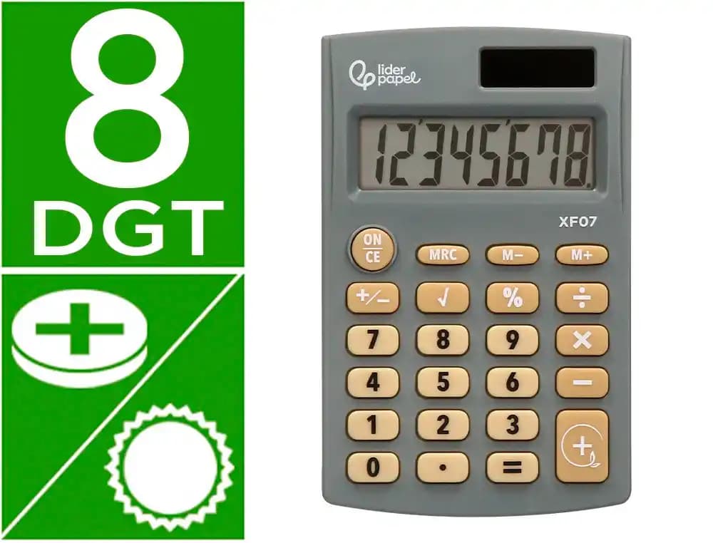 Liderpapel Calculadora liderpapel bolsillo xf07 8 digitos solar y pilas color gris 98x62x8 mm