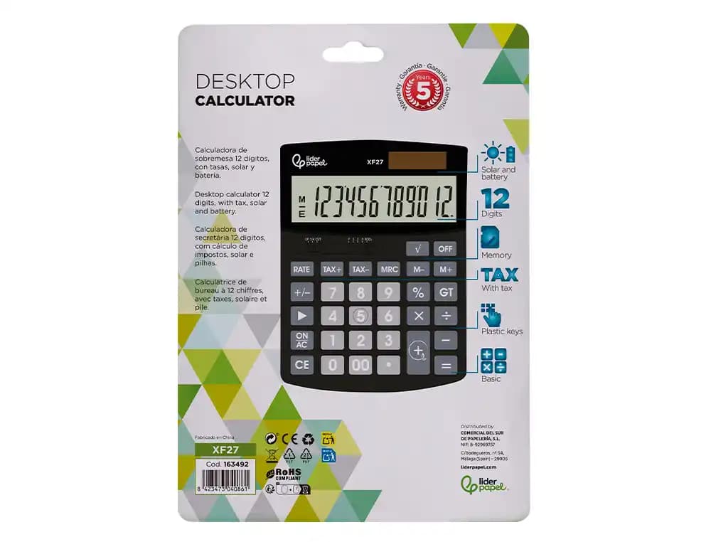 Calculadora liderpapel sobremesa xf27 12 digitos tasas solar y pilas color negro 155x115x25 mm