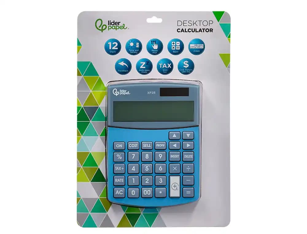 Calculadora liderpapel sobreme sa xf28 12 digitos dos lineas coste venta margen y tasas solar y pilas azul 155x115x25 mm