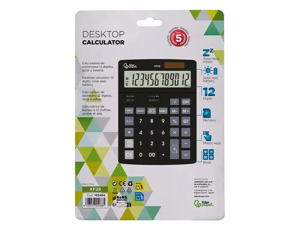 Calculadora liderpapel sobremesa xf29 12 digitos solar y pilas color negro 190x140x30 mm