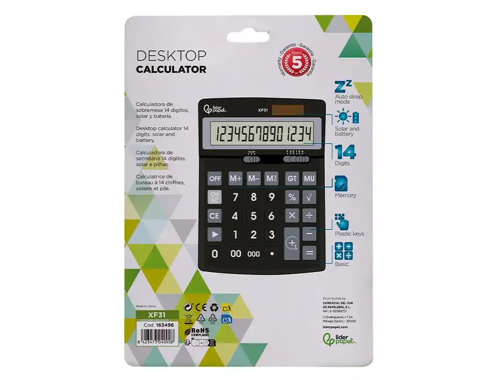 Calculadora liderpapel sobremesa xf31 14 digitos solar y pilas color negro 170x122x35 mm