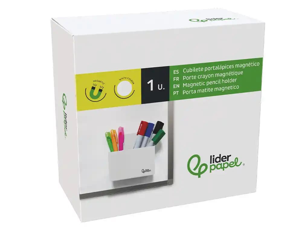 Cubilete portalápices magnético Liderpapel de plástico opaco, 125 × 75 × 40 mm – Blanco