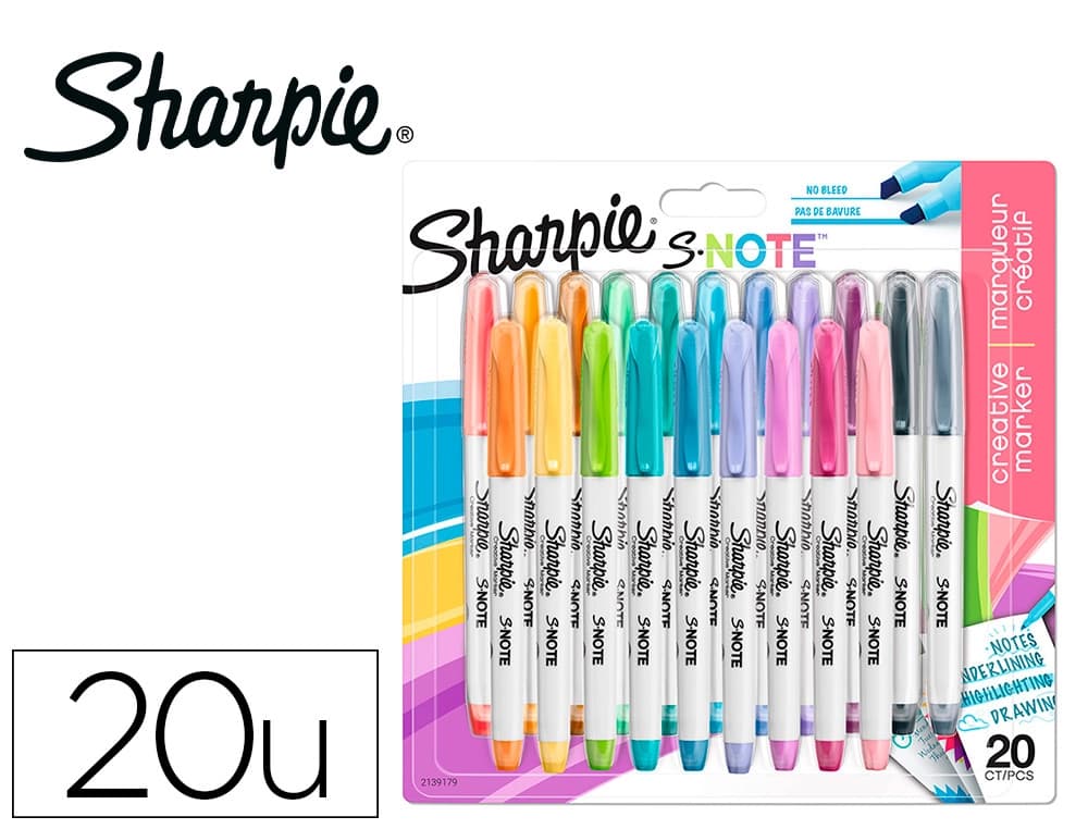 Sharpie Rotulador sharpie permanente s-note punta biselada trazo 1,2 /3,87 mm blister 20 unidades colores surtidos