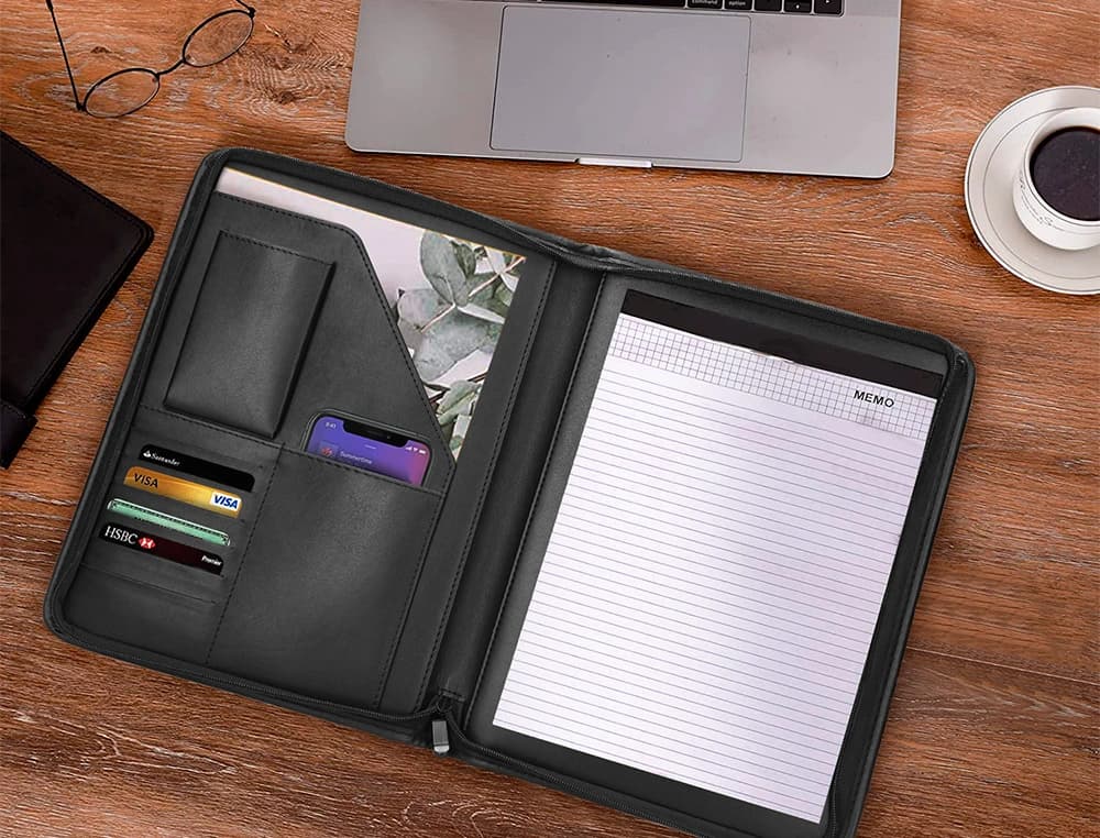 Carpeta portafolios q-connect cremallera con bolsa para movil y tarjetero color negro 260x355 mm