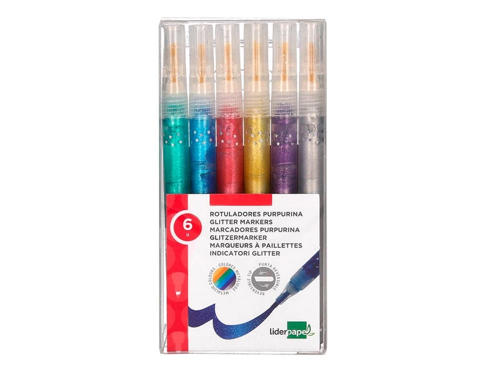 Rotulador liderpapel efecto purpurina metalizada punta reversible bolsa de 6 unidades colores surtidos