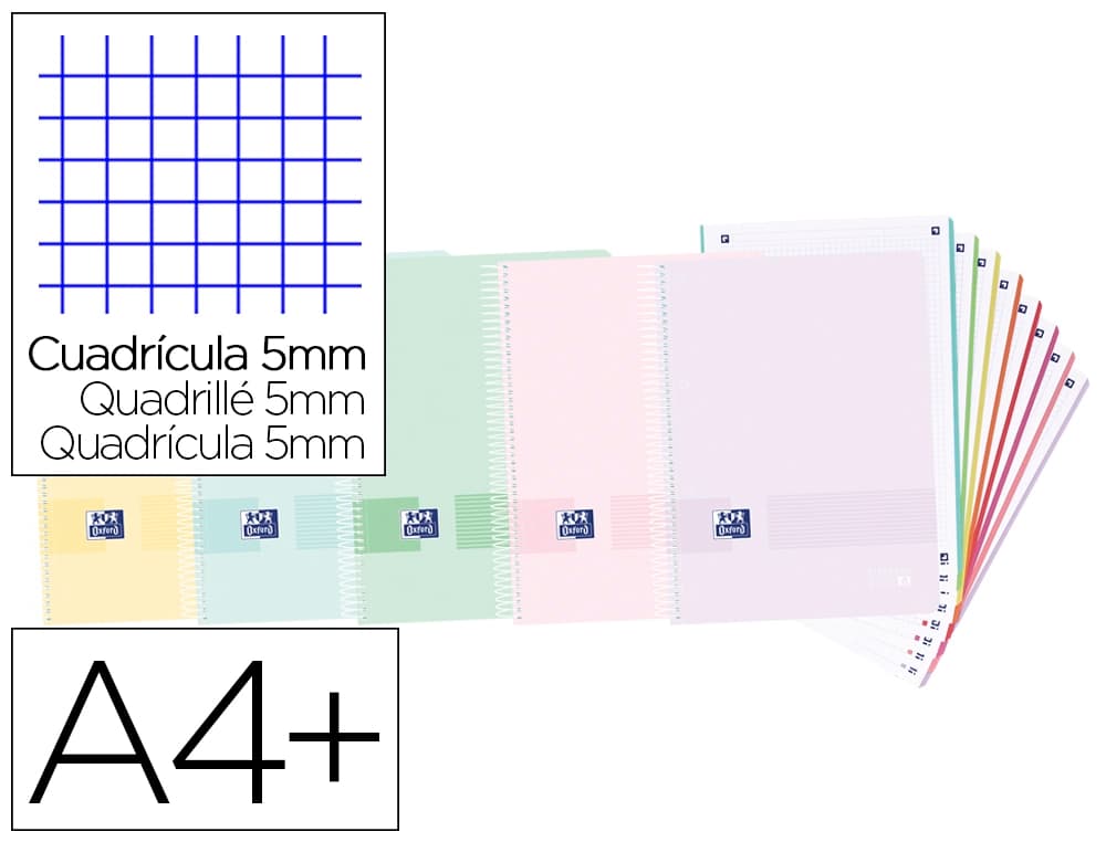 Cuaderno espiral oxford live & you europeanbook 8 tapa polipropileno din a4+ 160 hojas cuadro 5 mm colores