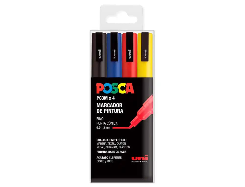 Posca Rotulador uni posca pc-3m/4c marcador de pintura punta conica 0,9-1,3 mm estuche de 4 unidades colores basicos