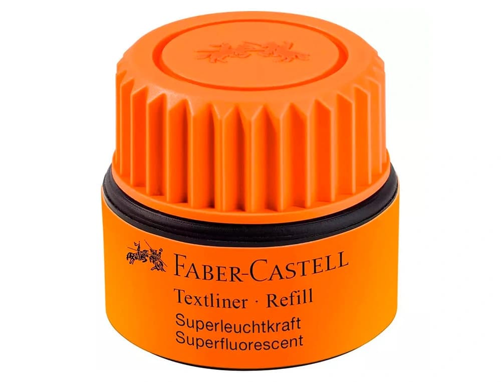 Tinta para rotuladores fluorescentes Faber-Castell Textliner 1549 con sistema capilar, bote de 30 ml – Naranja fluor