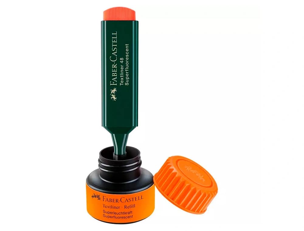 Tinta para rotuladores fluorescentes Faber-Castell Textliner 1549 con sistema capilar, bote de 30 ml – Naranja fluor