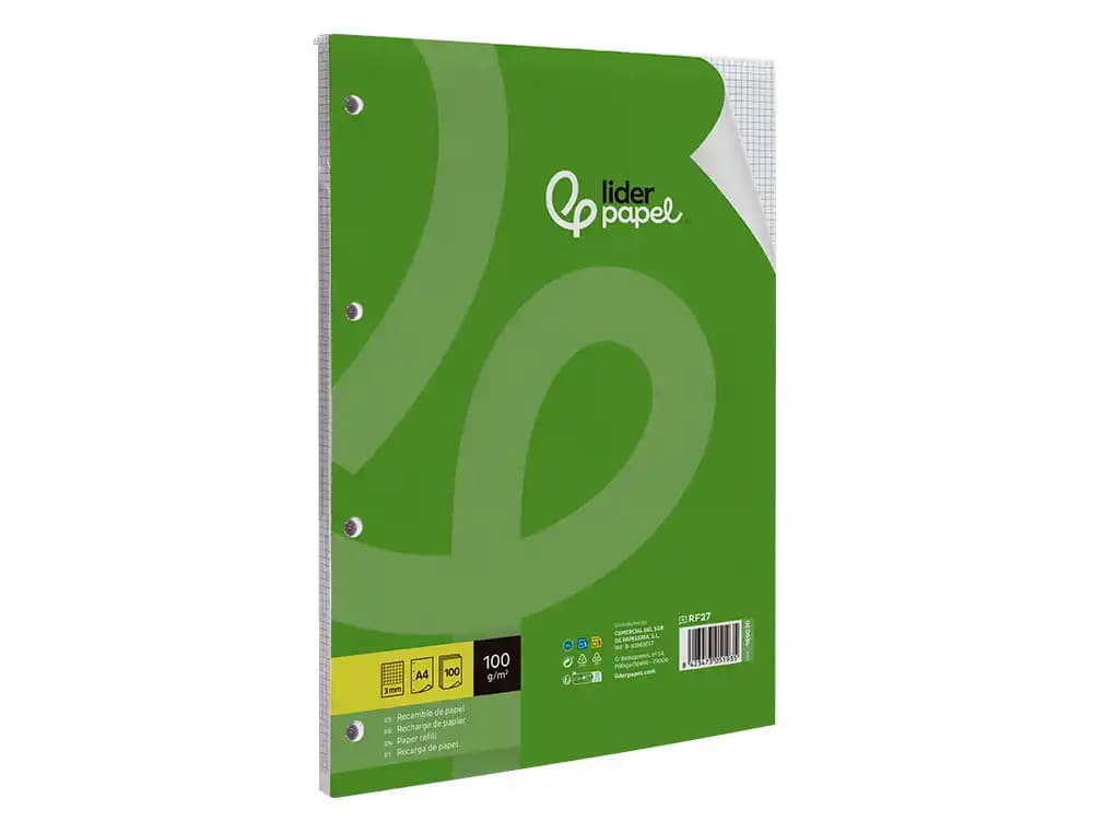 Recambio liderpapel a4 100 hojas 100gr cuadro 3mm con margen 4 taladros