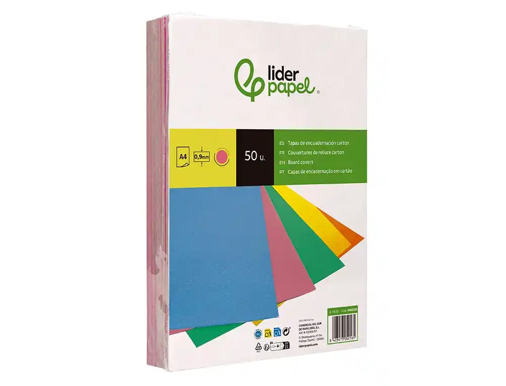 Tapa encuadernacion liderpapel carton a4 0,9mm fluor paquete de 50 unidades