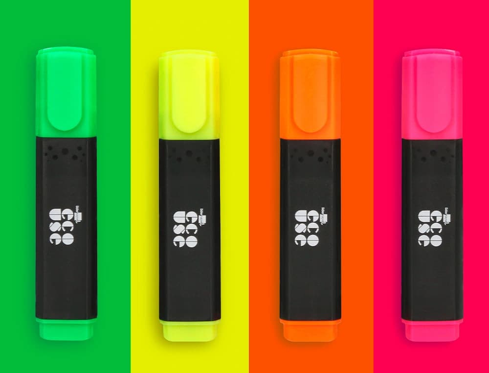 Rotulador liderpapel ecouse fluorescente fabricado con 68% plastico reciclado caja de 4 unidades colores surtidos