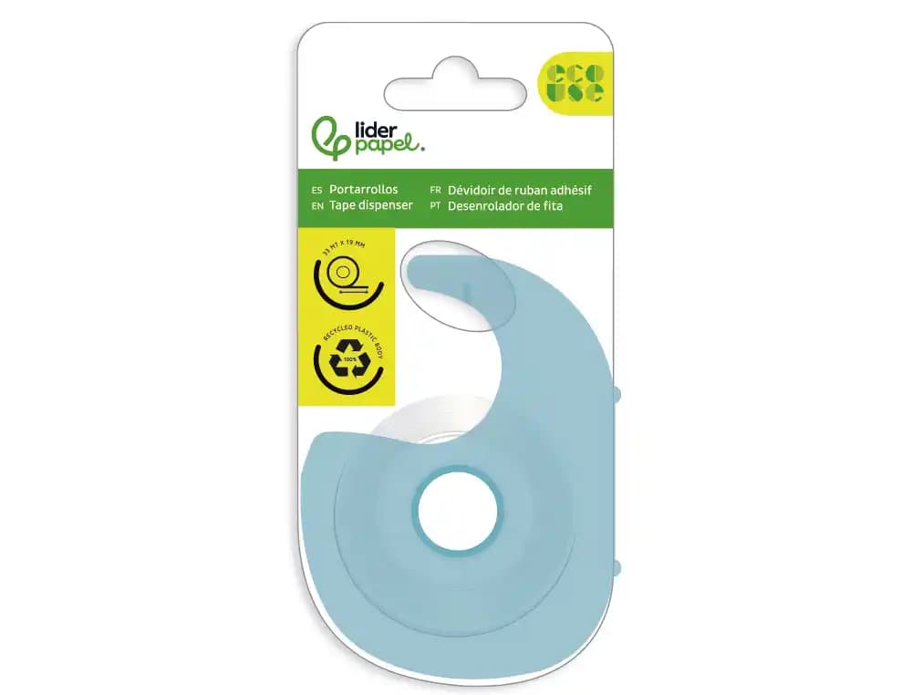 Miniportarrollo liderpapel ecouse 100% plastico reciclado para cinta de 33 mt x 19 mm