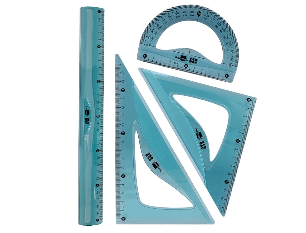 Juego escuadra 20 cm cartabon 18 cm regla 30 cm y semicirculo 10 cm liderpapel ecouse 100% pet reciclado