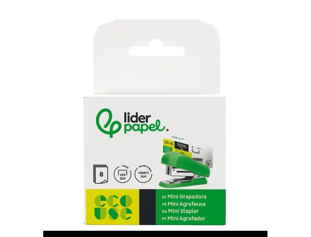 Grapadora liderpapel ecouse mini capacidad 12 hojas 100% plastico reciclado con caja de 1000 grapas 26/6