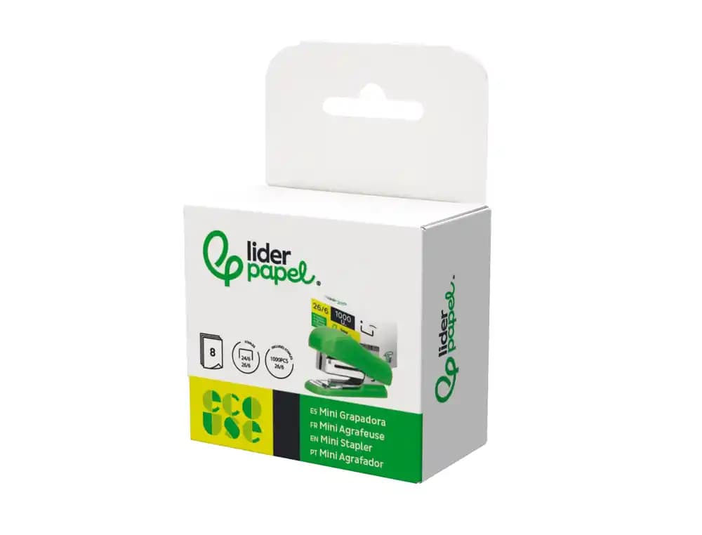 Grapadora liderpapel ecouse mini capacidad 12 hojas 100% plastico reciclado con caja de 1000 grapas 26/6